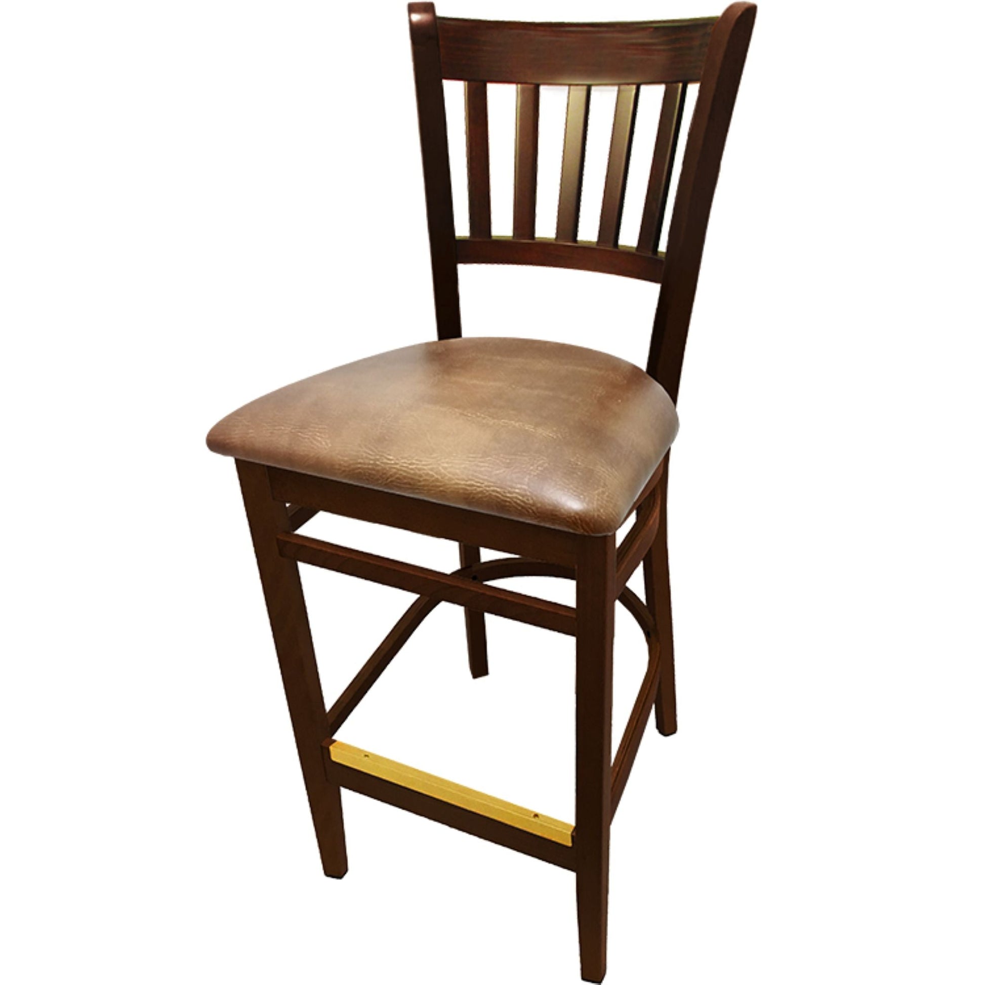 Vertical back barstool with walnut frame and buckskin vinyl seat