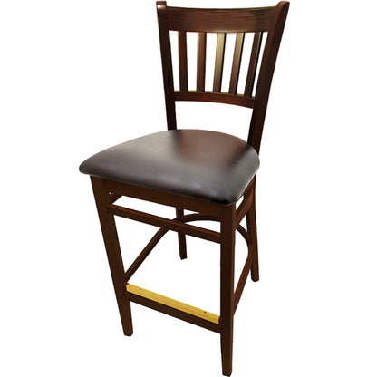 Vertical back barstool with walnut frame and espresso vinyl seat