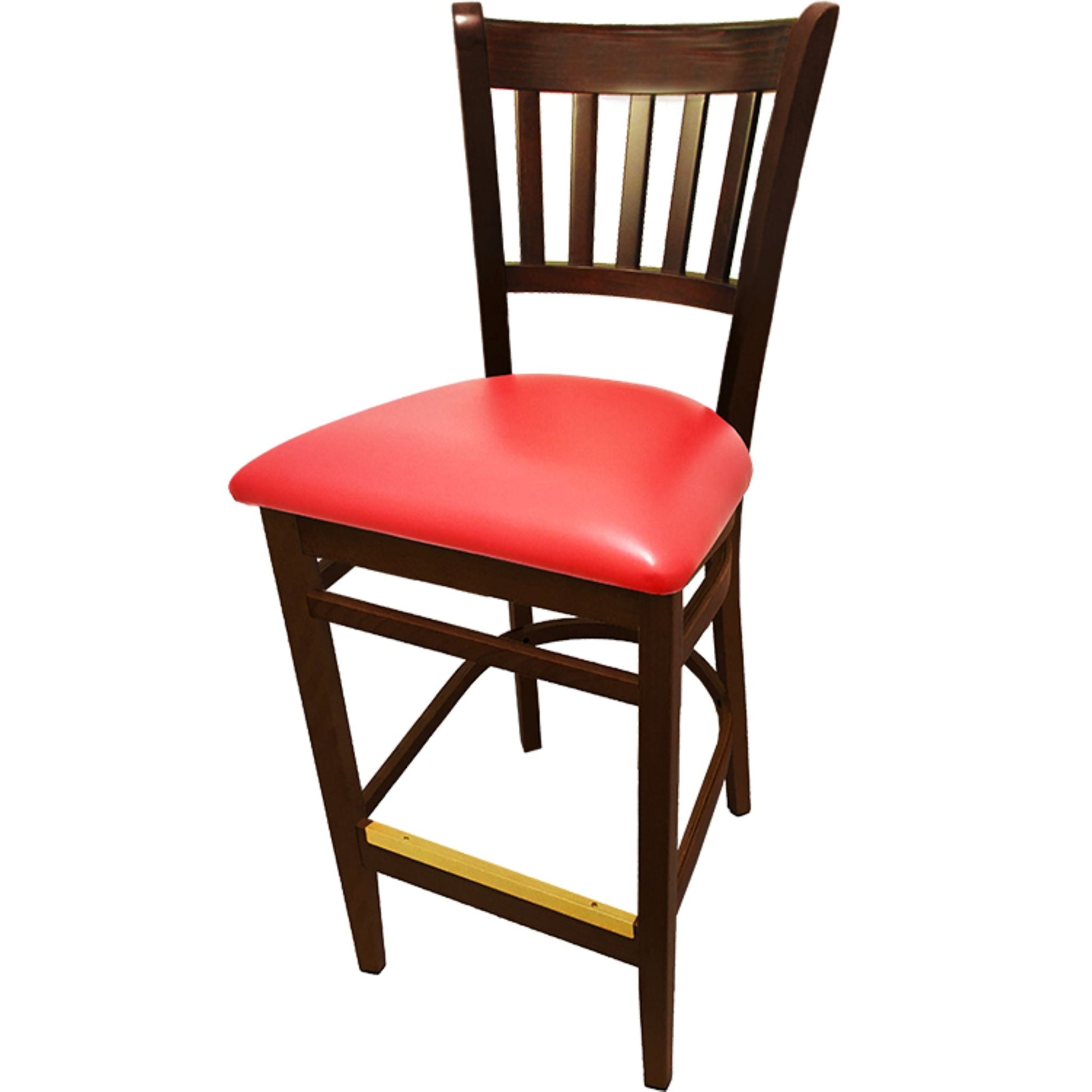 Vertical back barstool with walnut frame and red vinyl seat