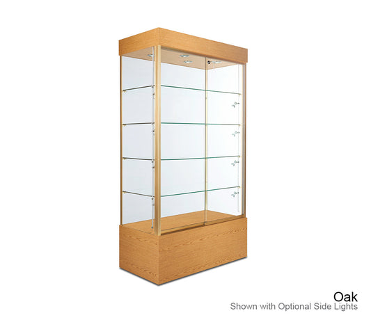 Front view of Euro Raised Wall Display Case with tempered glass construction, adjustable glass shelves, sliding glass doors, and LED top lighting.