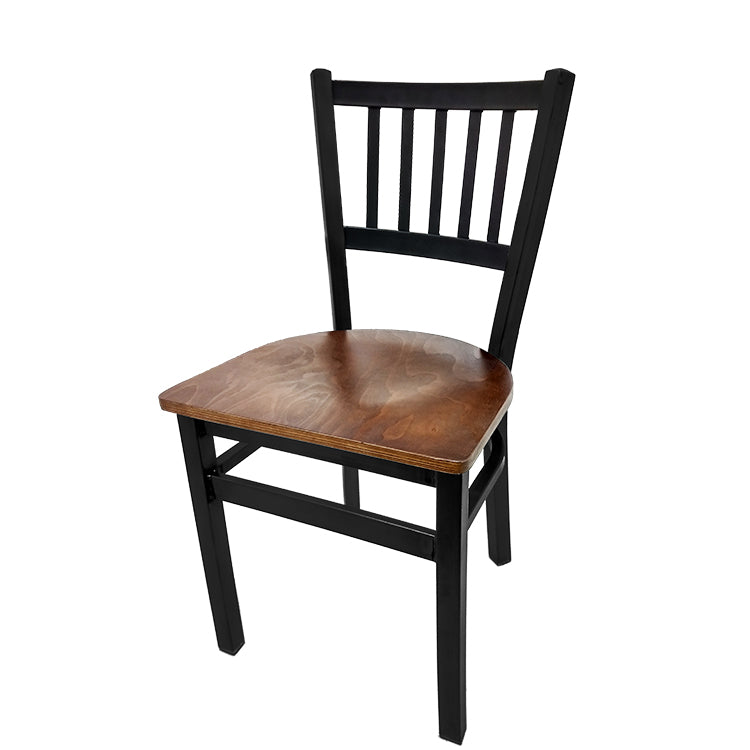 Dining chair with wood frame and walnut stain solid wood seat.