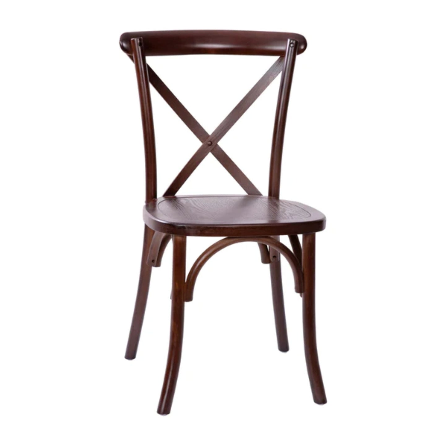 Elm wood X-Back dining chair in walnut finish with classic farmhouse style.