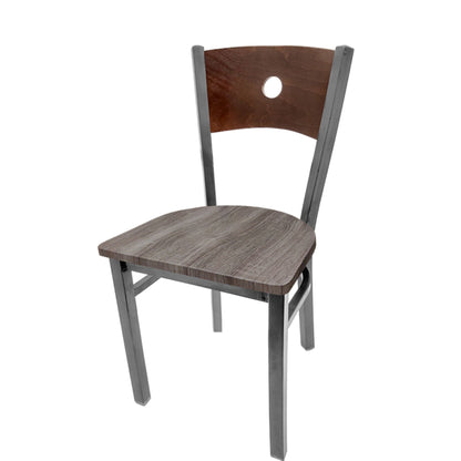 Dining chair with walnut wood back and barnwood seat.