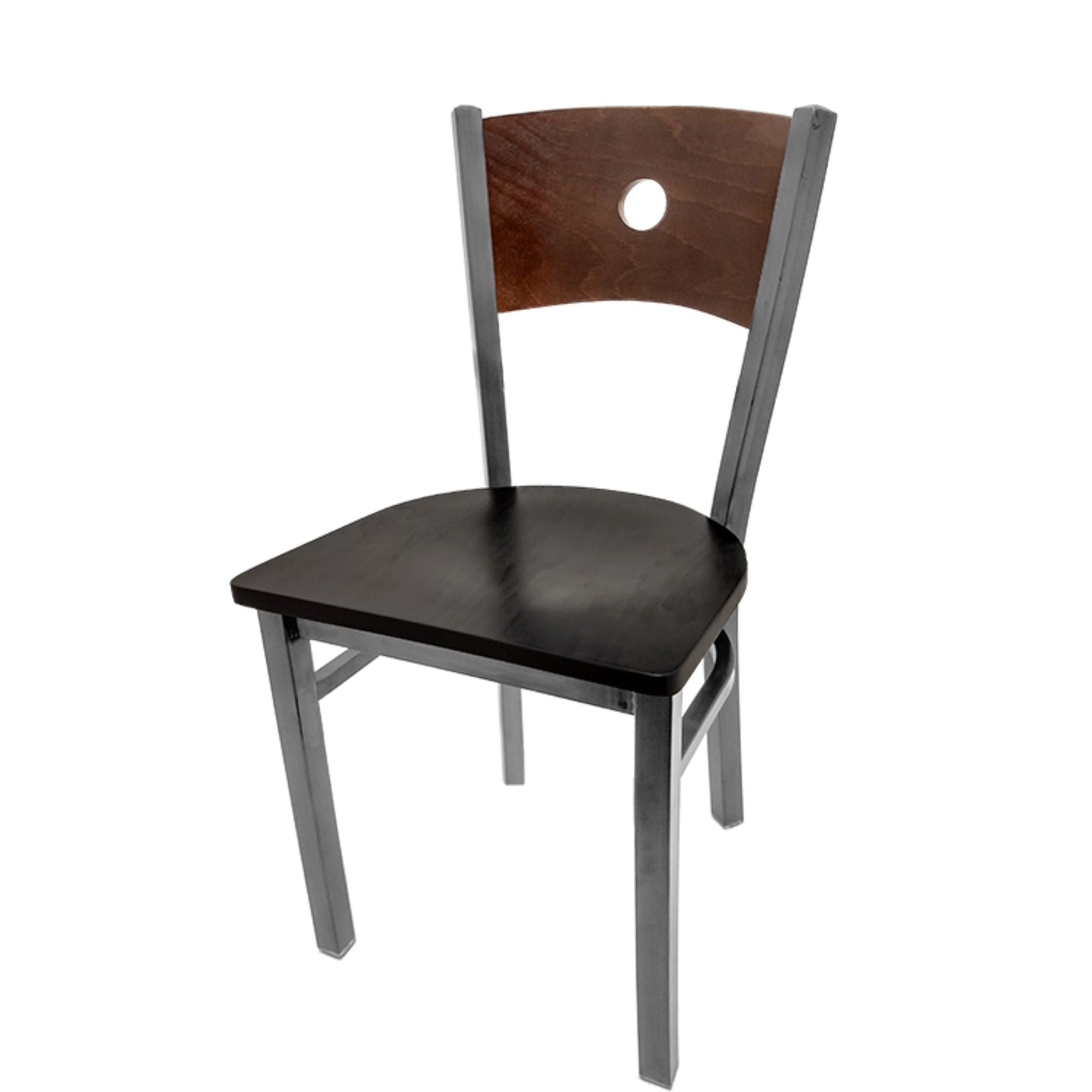 Dining chair with walnut wood back and black wood seat.