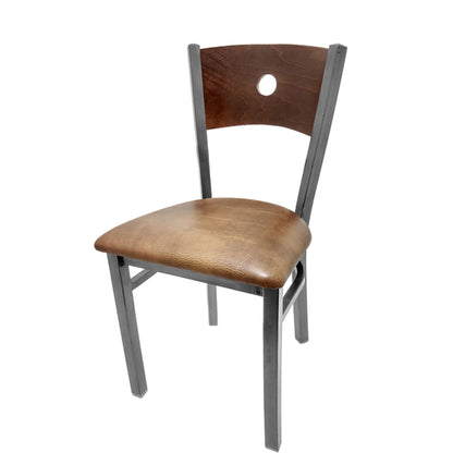 Dining chair with walnut wood back and buckskin vinyl seat.