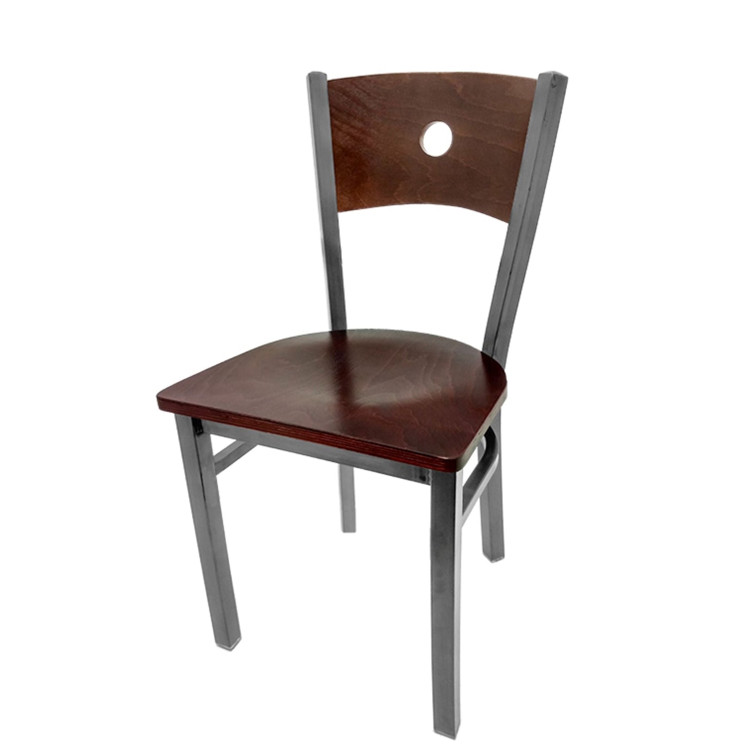 Dining chair with walnut wood back and mahogany wood seat.