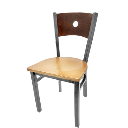 Dining chair with walnut wood back and natural wood seat.