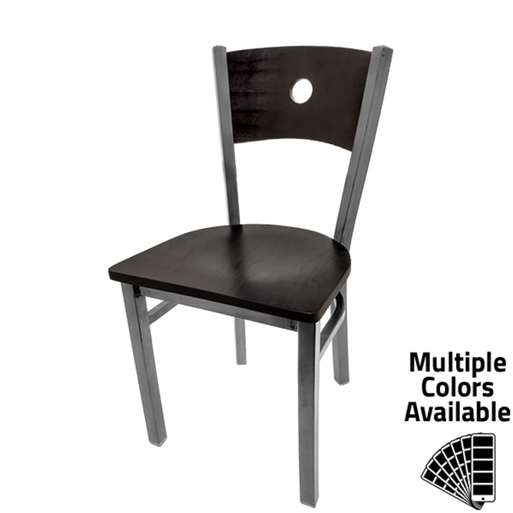 Dining chair with walnut wood back and black wood seat.