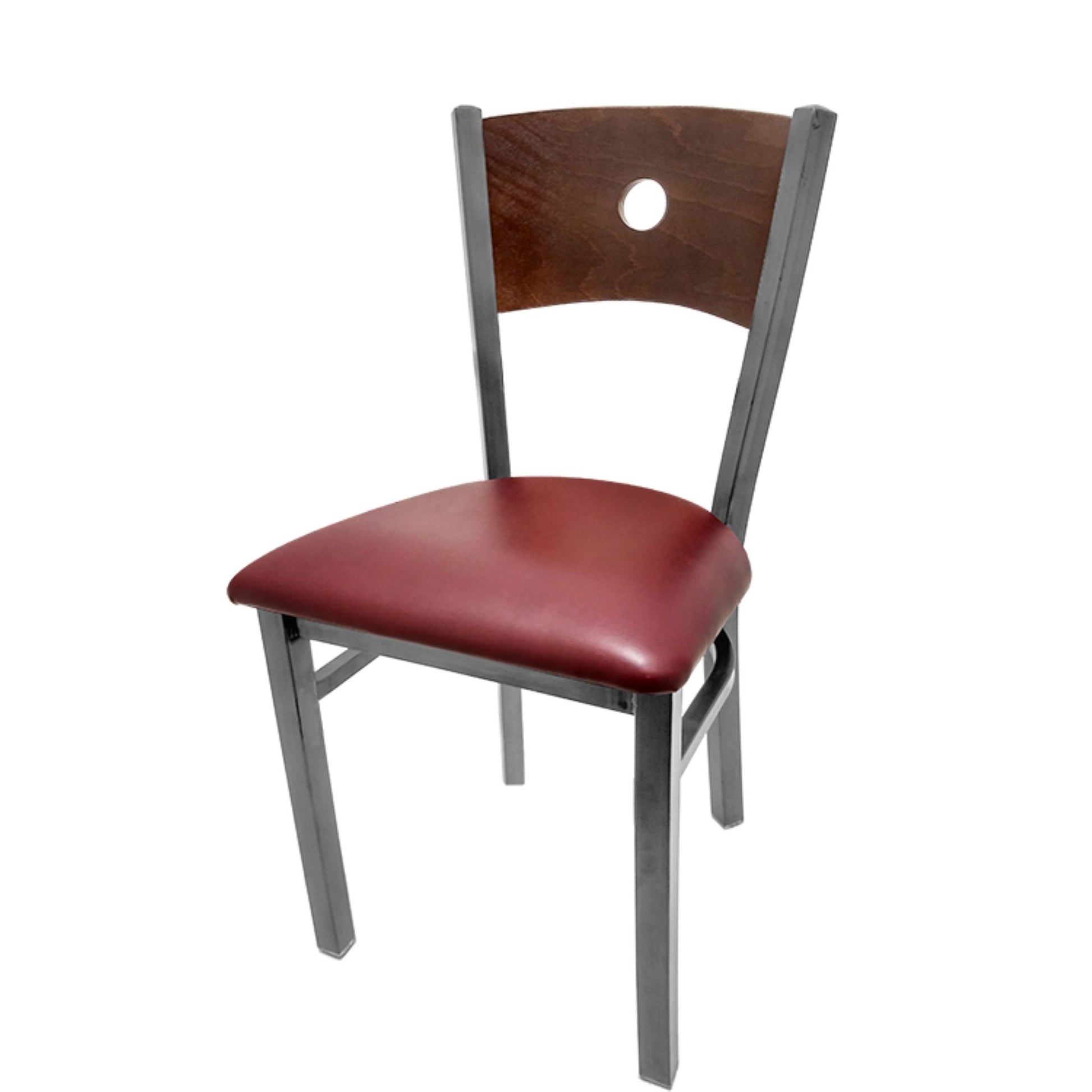 Dining chair with walnut wood back and wine vinyl seat.