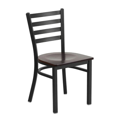 Ladder-back restaurant chair with walnut wood seat and black powder-coated steel frame, front view.