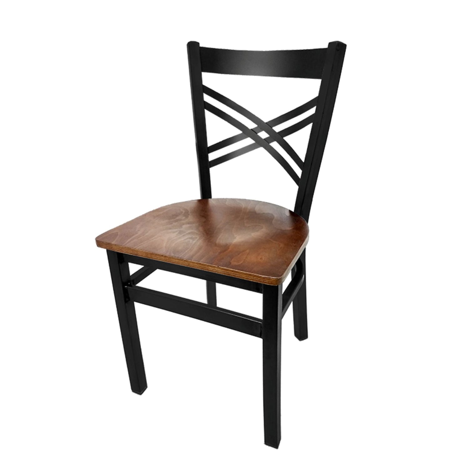 Crossback dining chair with black powder-coated steel frame and walnut stained solid wood seat.