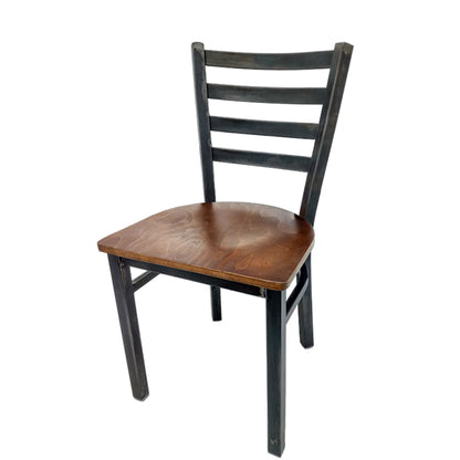 Rustic ladderback metal dining chair with clear coat steel frame and walnut stain solid wood seat.