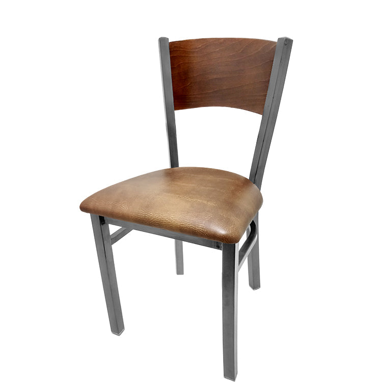 Dining chair with walnut stain seat back and buckskin vinyl seat.
