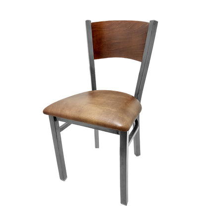 Dining chair with walnut stain seat back and buckskin vinyl seat.