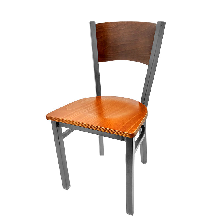 Dining chair with walnut stain seat back and cherry wood seat.