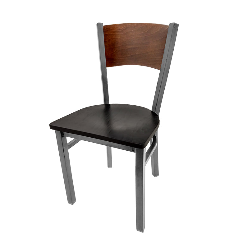 Dining chair with walnut stain seat back and black stain wood seat.