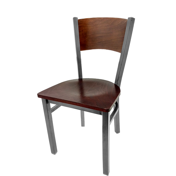 Dining chair with walnut stain seat back and mahogany wood seat.