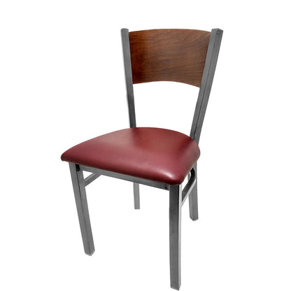 Dining chair with walnut stain seat back and wine vinyl seat.