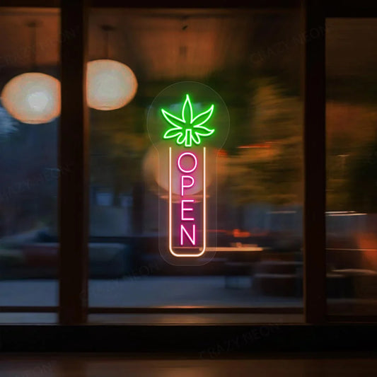 bright vertical weed leaf open LED neon sign for smoke shop or lounge