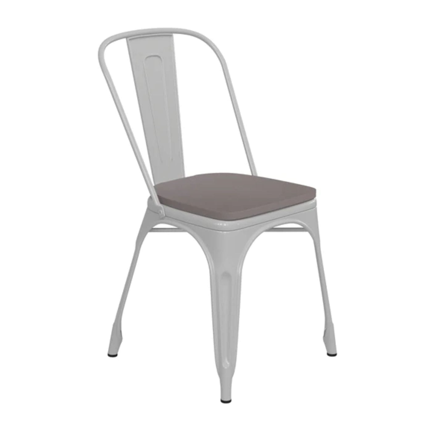 White metal indoor–outdoor stackable chair featuring a gray all-weather polystyrene seat.