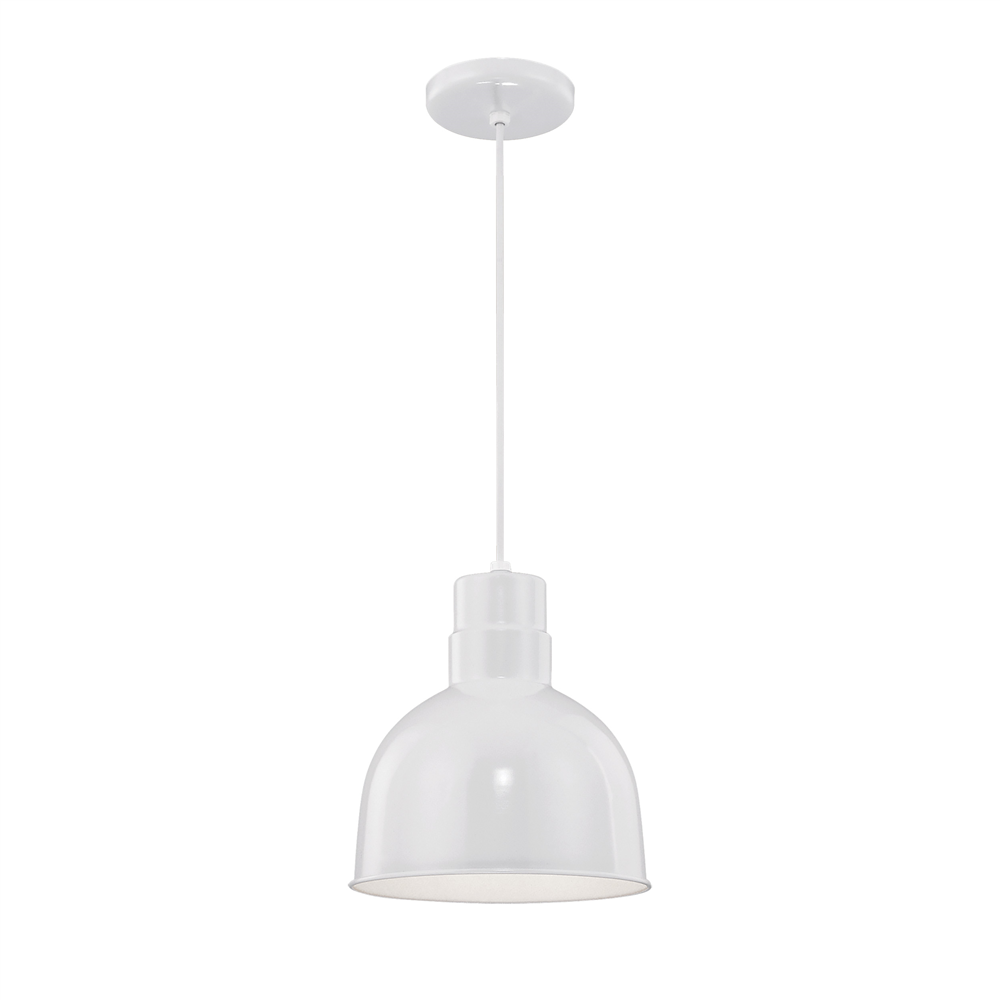 White industrial cone pendant lamp with aluminum shade and downward-focused light, suspended by a cord for use in restaurants or bars.