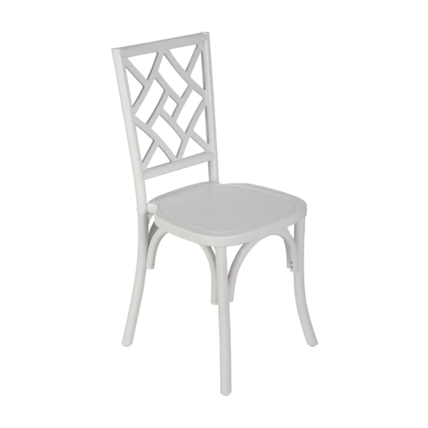 Brooklyn stackable solid wood dining chair in white finish with decorative back detail, shown from the front.