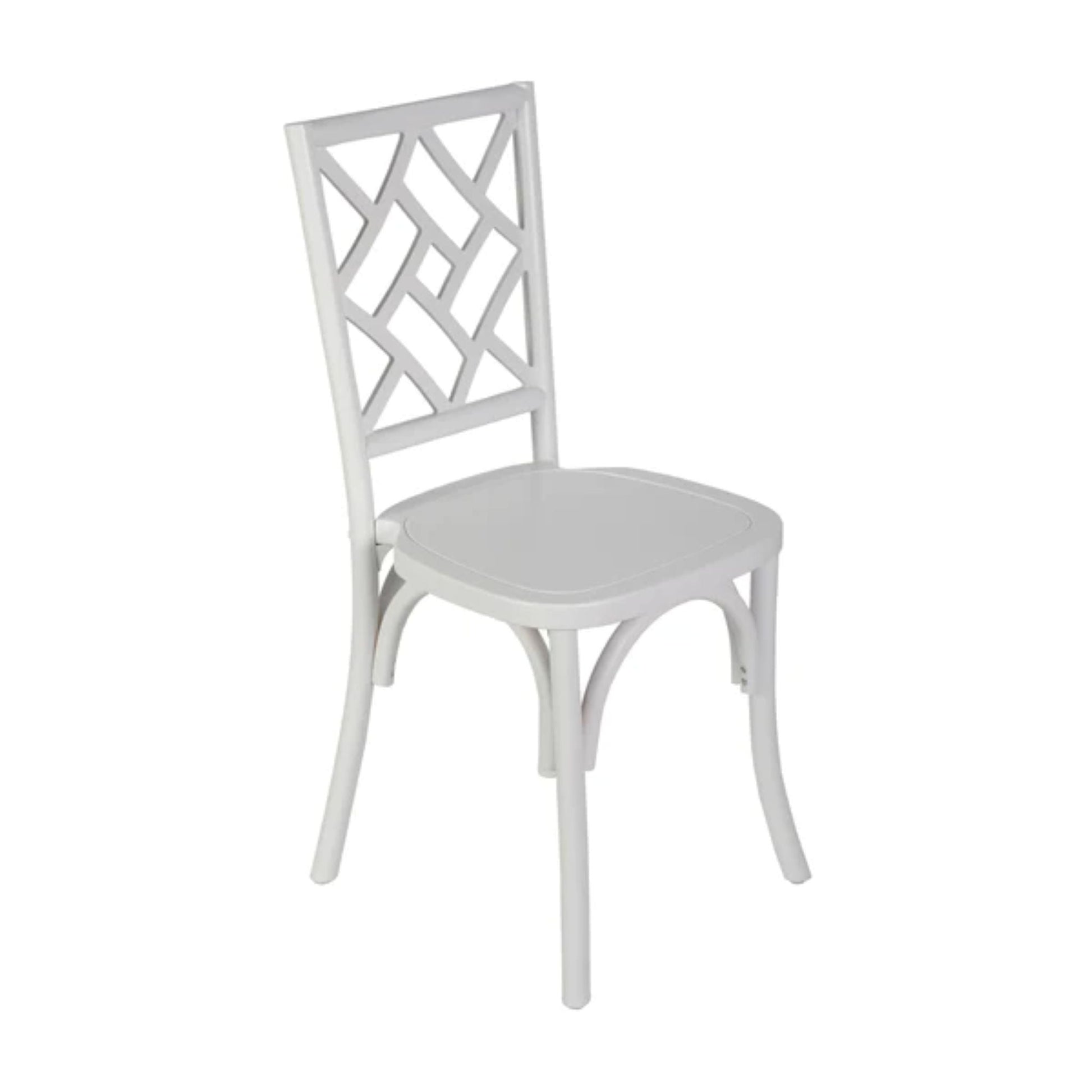 Brooklyn stackable solid wood dining chair in white finish with decorative back detail, shown from the front.
