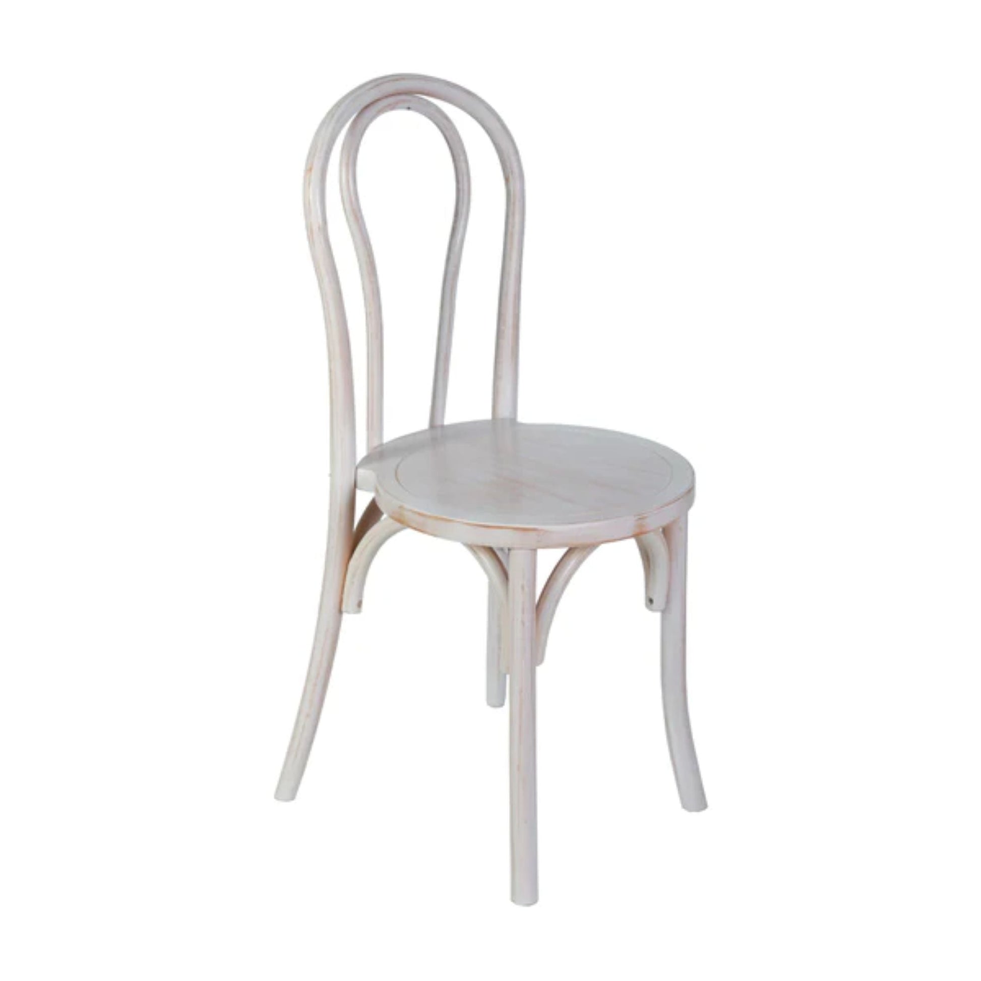 Thonet-style solid wood stackable dining chair in White Wash finish with classic curved back design.