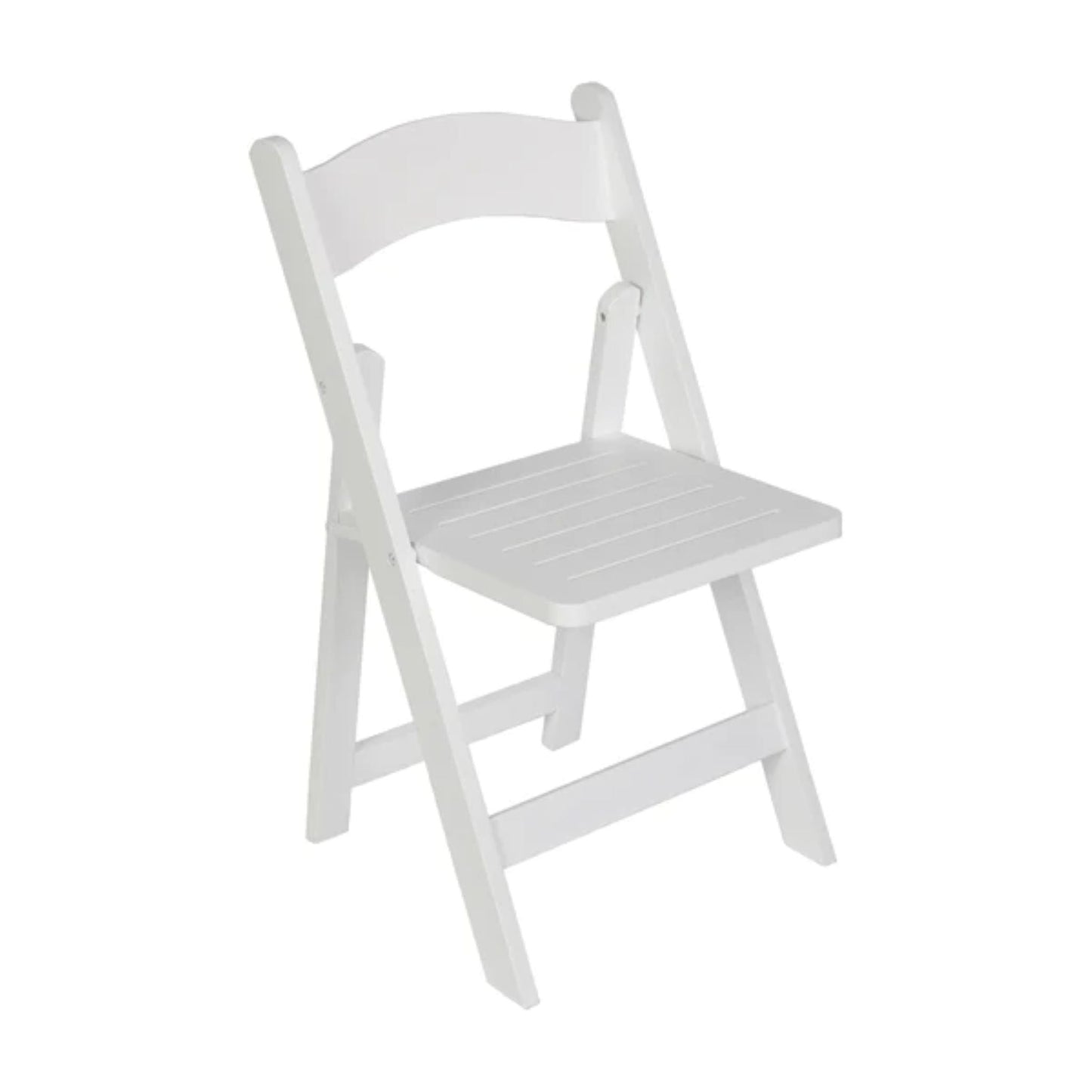 Solid wood folding dining chair in white finish with curved back and beechwood frame.