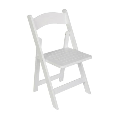 Solid wood folding dining chair in white finish with curved back and beechwood frame.