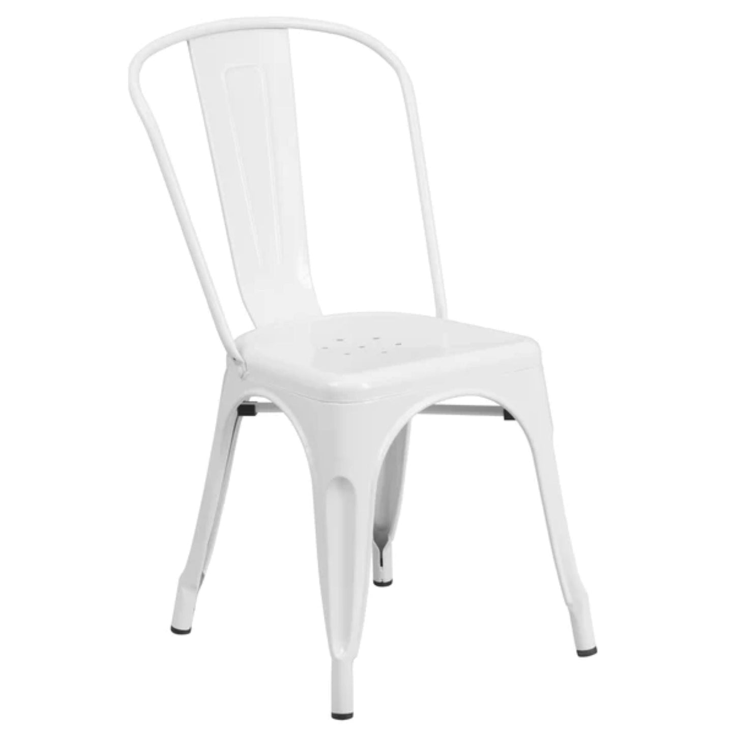 White metal stackable bistro chair with powder-coated finish for indoor or outdoor dining spaces.