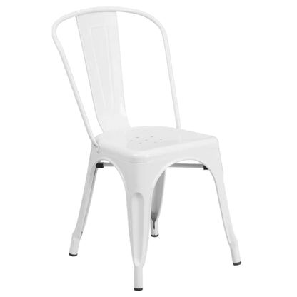 White metal stackable bistro chair with powder-coated finish for indoor or outdoor dining spaces.