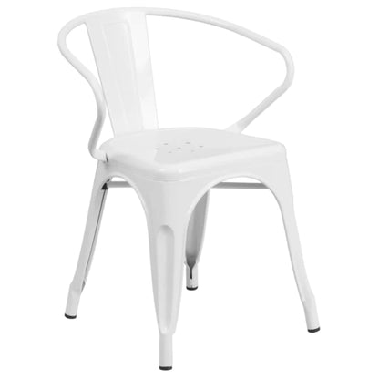 White metal indoor-outdoor arm chair with vertical slat back and lightweight stackable frame.