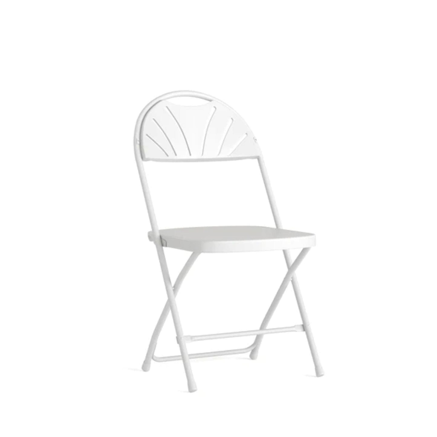 Front view of white fan back folding chair with contoured back and textured seat.