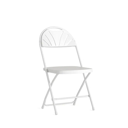 Front view of white fan back folding chair with contoured back and textured seat.