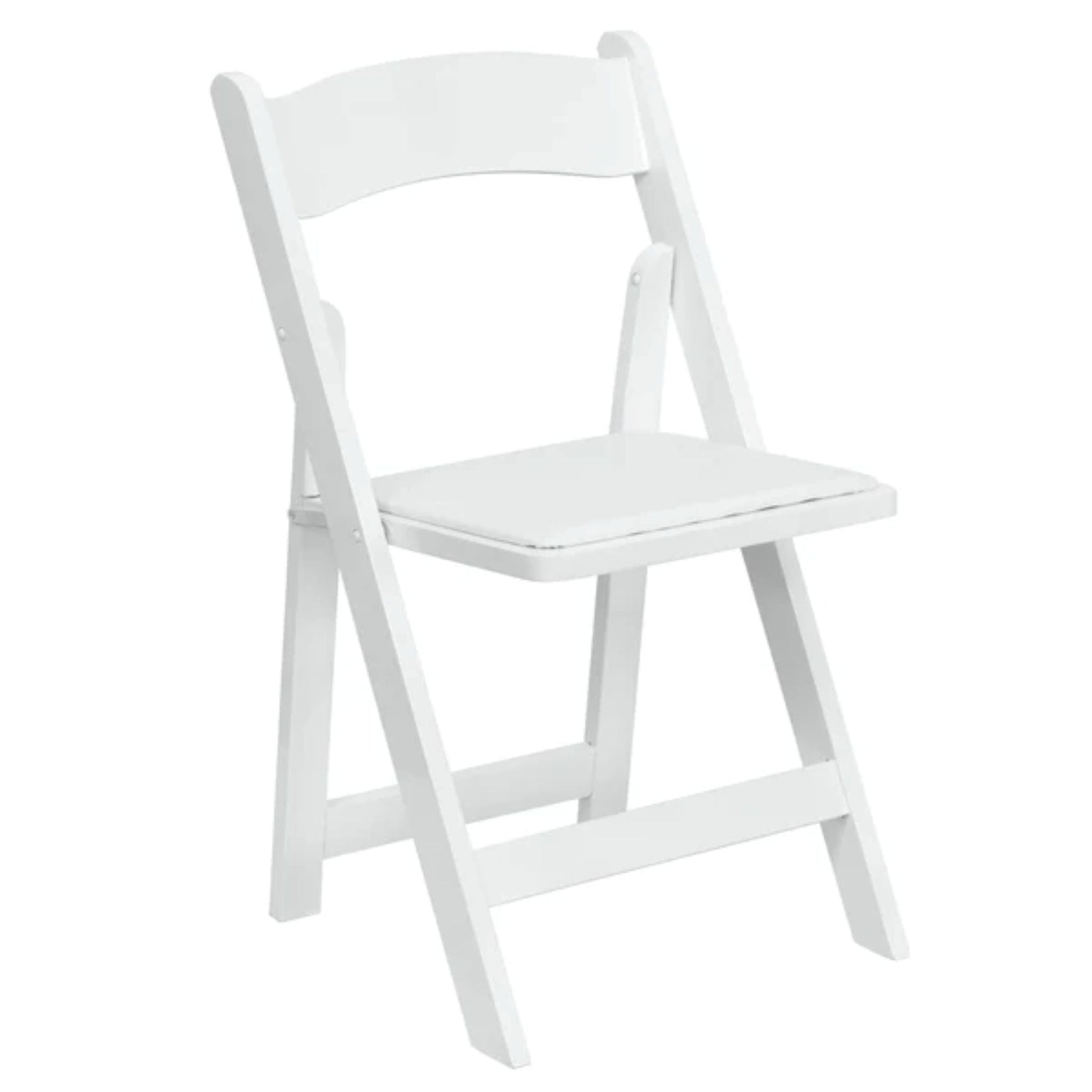 Front view of white wood folding chair with vinyl padded seat for events