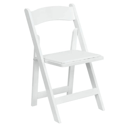 Front view of white wood folding chair with vinyl padded seat for events
