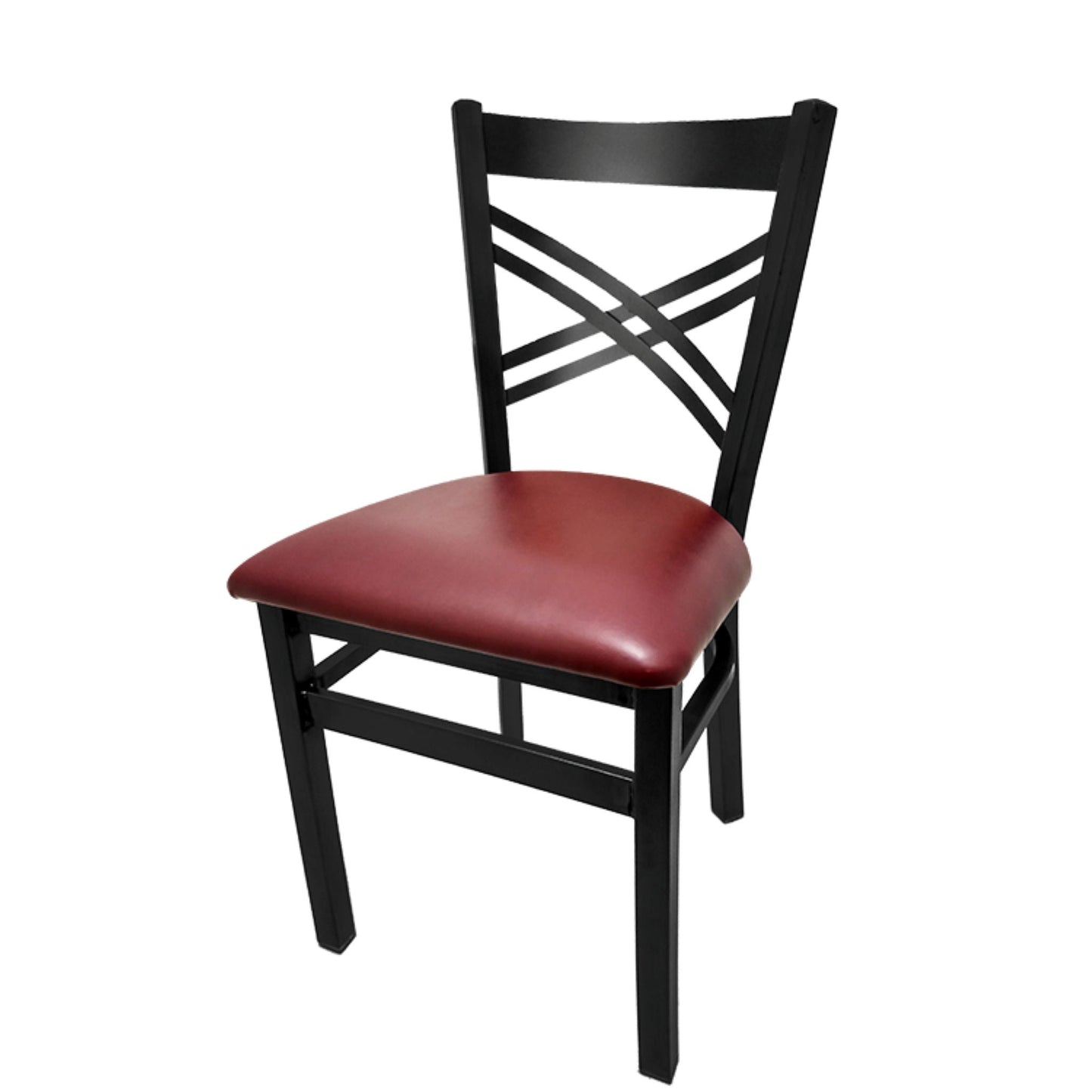Crossback steel dining chair with black powder-coat frame and wine vinyl seat.