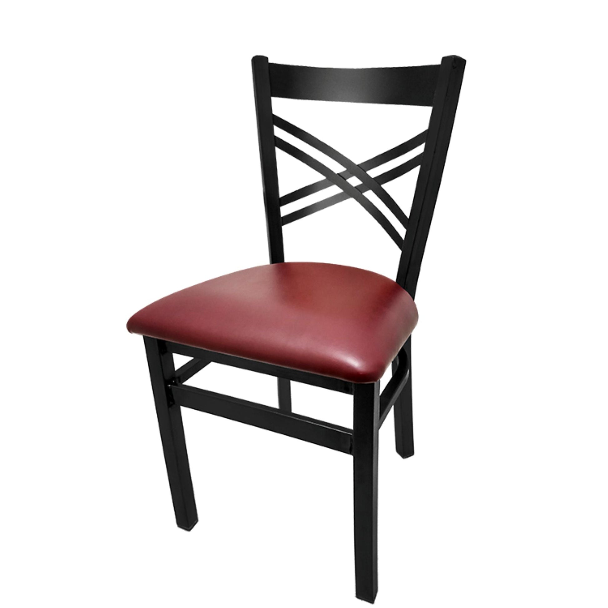 Crossback steel dining chair with black powder-coat frame and wine vinyl seat.