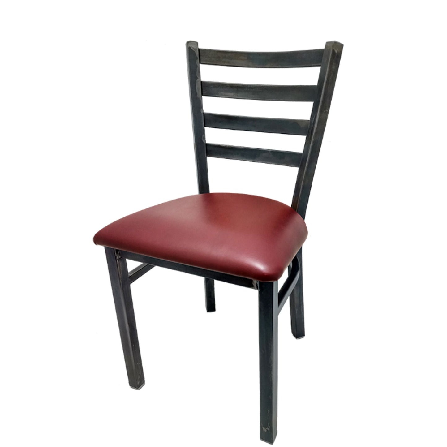 Rustic ladderback metal dining chair with clear coat metal frame and wine vinyl seat.