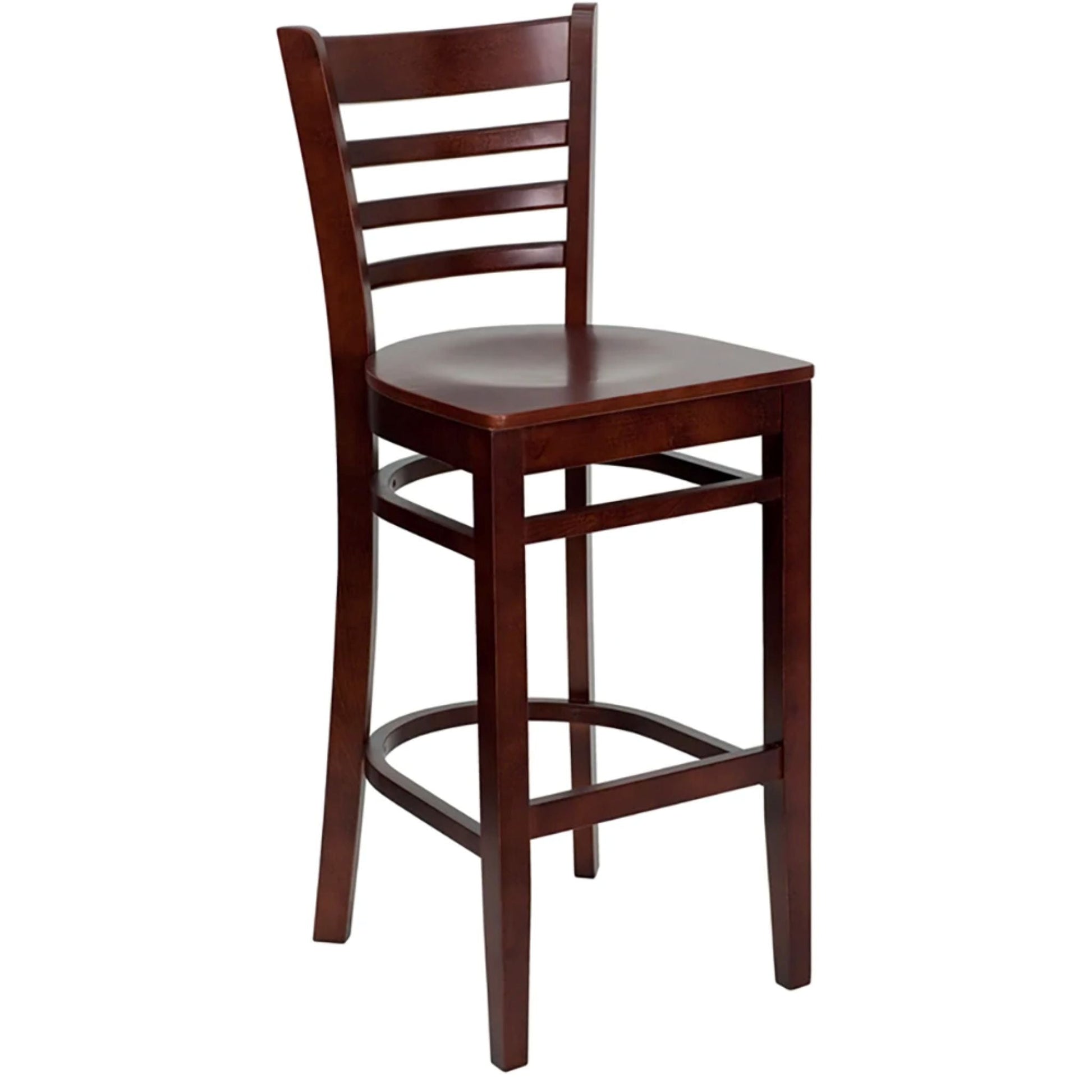 Mahogany finish restaurant bar stool with wood ladder back and solid beechwood frame