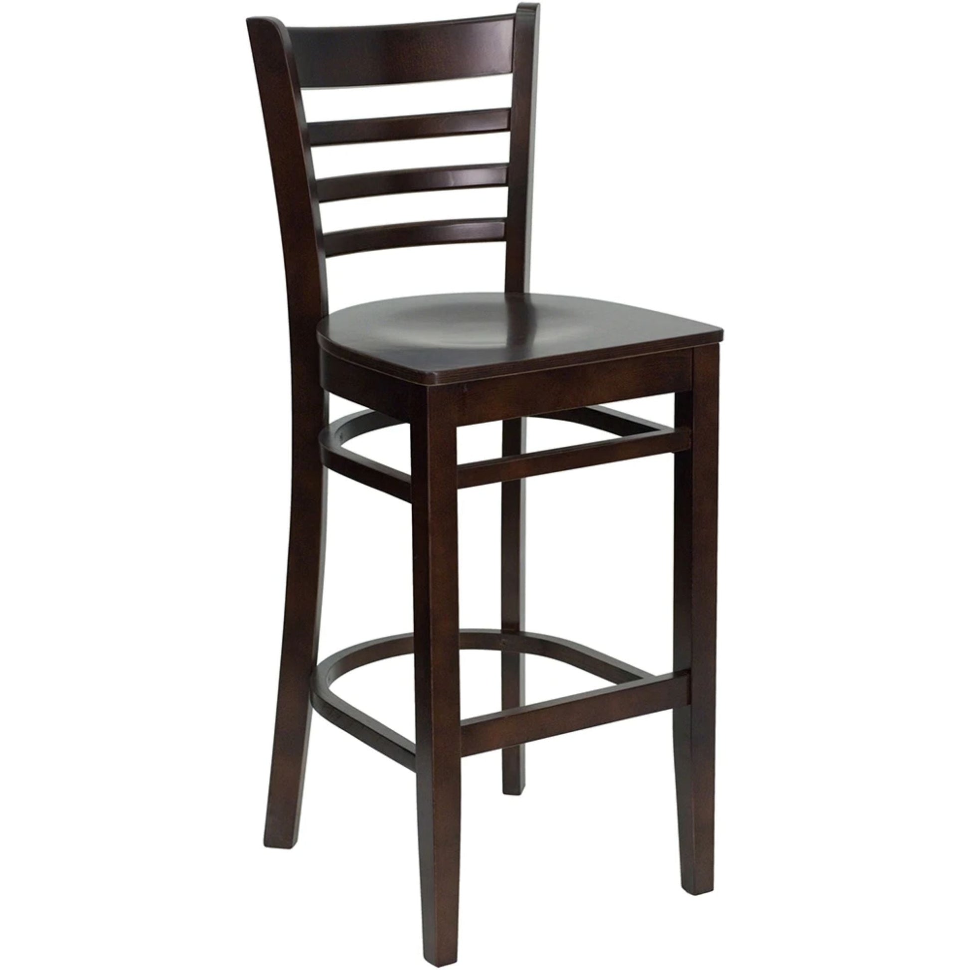 Walnut finish restaurant bar stool with ladder back and reinforced beechwood construction