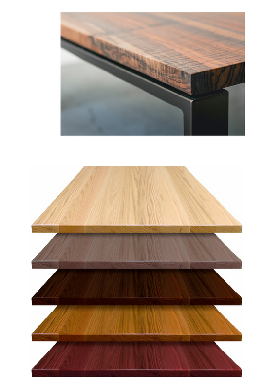 Restaurant wood table tops shown in multiple stain colors including black, walnut, mahogany, honey, pecan, cherry, and slate gray