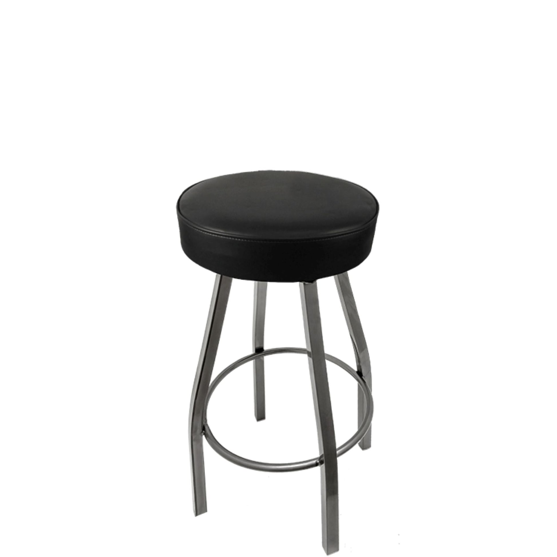 XL button top barstool with clear coat swivel frame and black vinyl seat