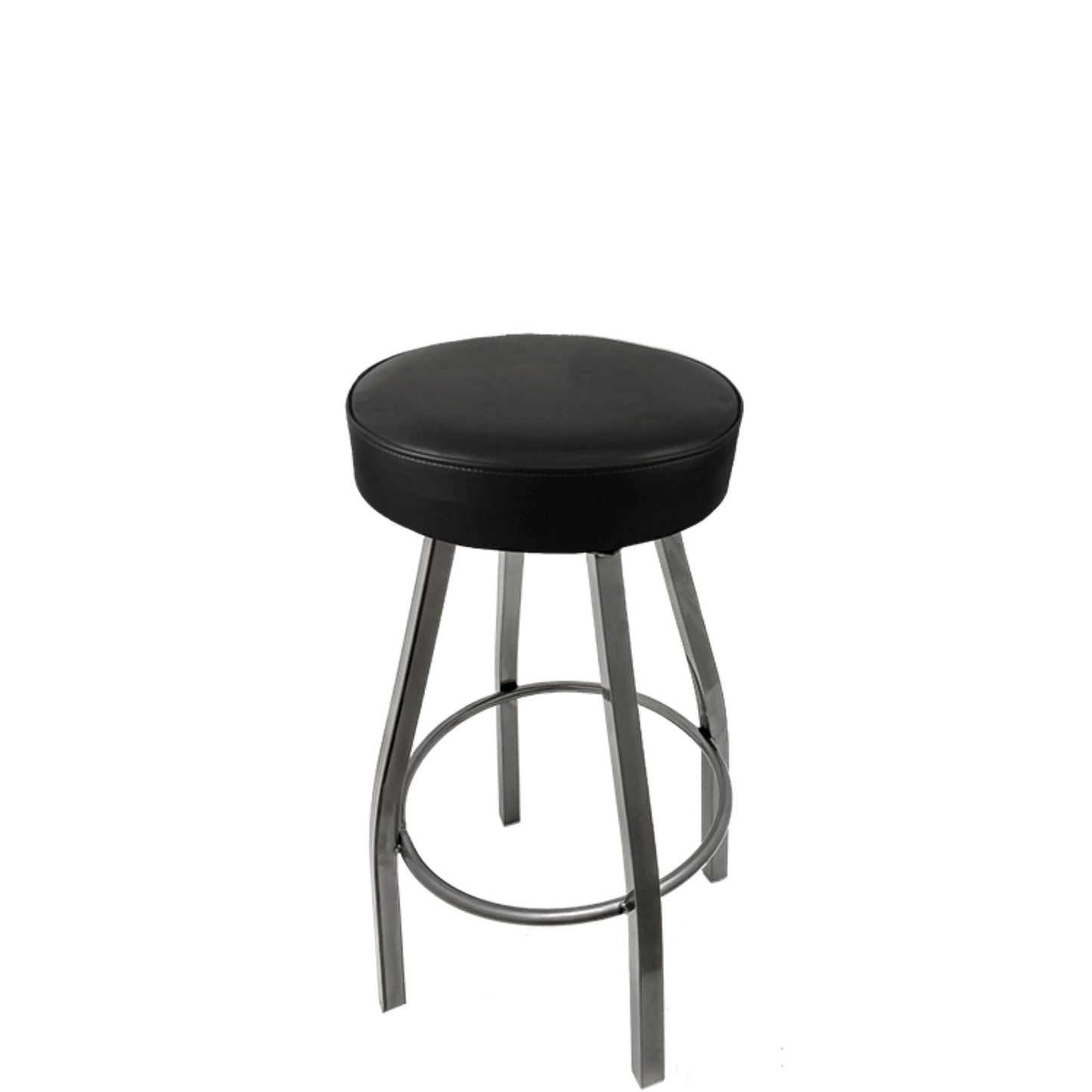 XL button top barstool with clear coat swivel frame and black vinyl seat