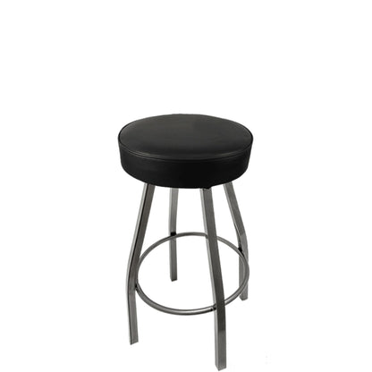 XL button top barstool with clear coat swivel frame and black vinyl seat