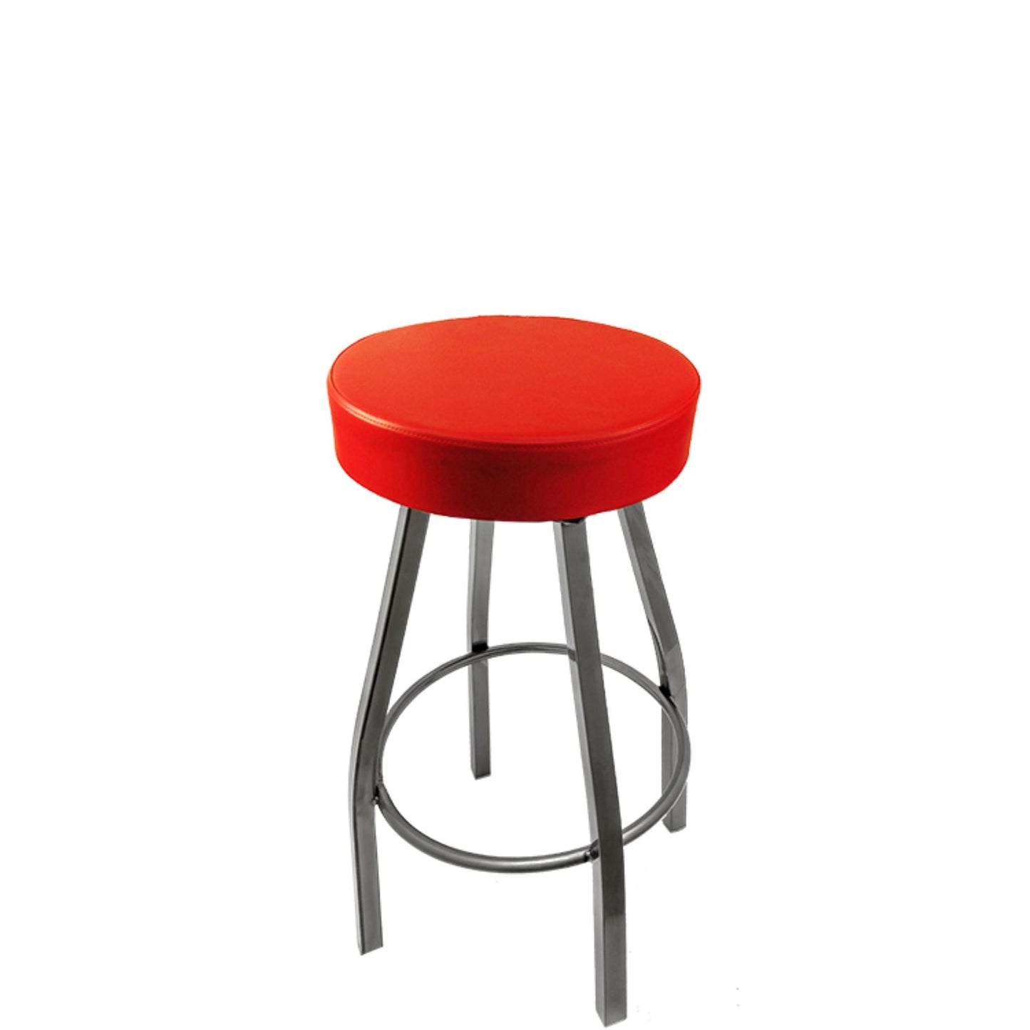 XL button top barstool with clear coat swivel frame and red vinyl seat
