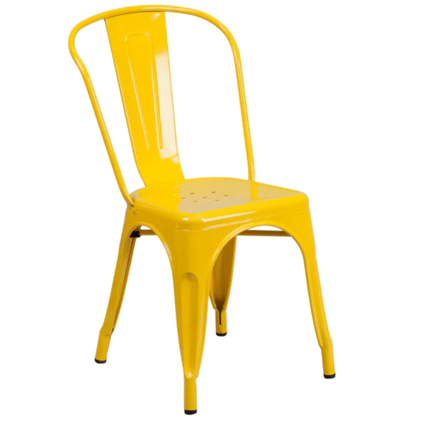 Yellow metal indoor–outdoor stackable bistro chair with slatted back and sturdy weather-resistant frame