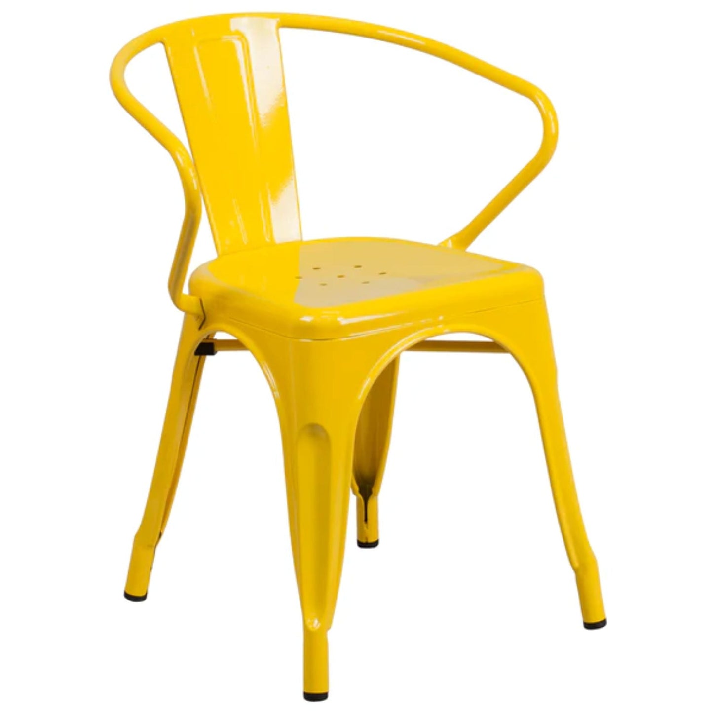 Yellow metal bistro-style arm chair with vertical slat back and durable stackable design for indoor or outdoor use.