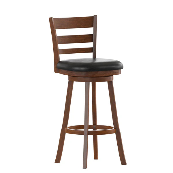 Zerrick wooden ladderback swivel barstool with black padded LeatherSoft upholstered seat and antique oak finish